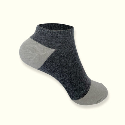 A pair of ankle socks with a combination of gray and dark gray colors, made from bamboo charcoal fabric.